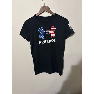 Under Armour Women M Loose Black Short Sleeve USA America Freedom Army Shirt Top